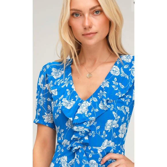 Lulus Ximena Blue Floral Short Sleeve Mini Dress - Picture 3 of 4